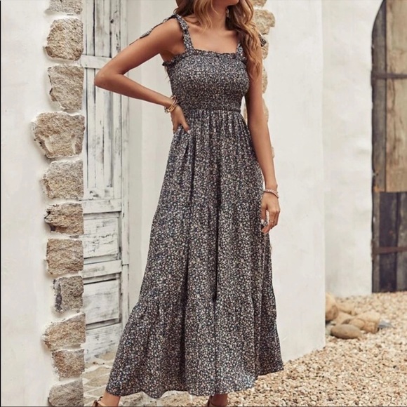 Boho floral tie shoulder shirred ruffle hem dress - Picture 13 of 13